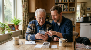 hijo ayudando a su padre mayor a configurar el iPhone paso a paso