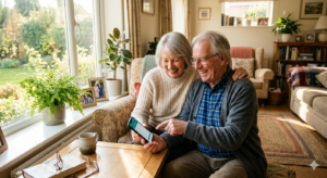 pareja de personas mayores usando aplicaciones en el smartphone en casa