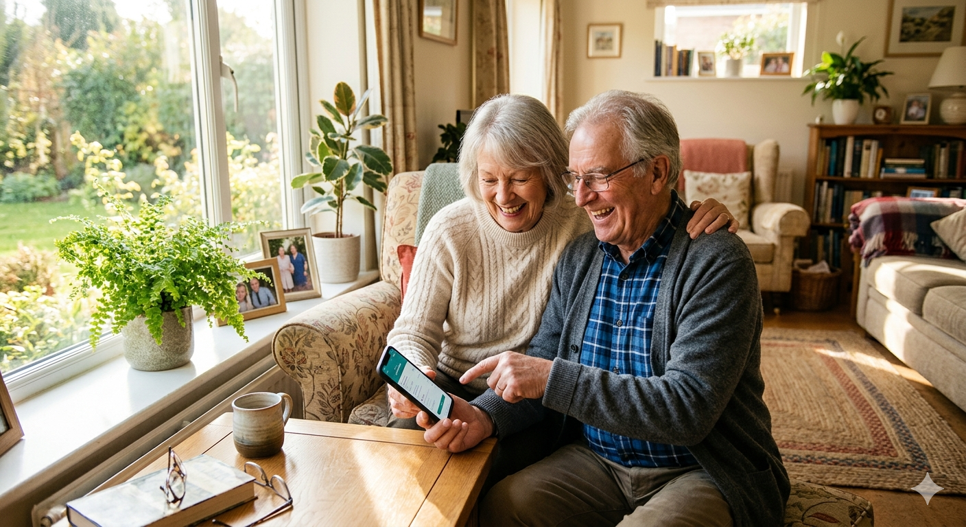 pareja de personas mayores usando aplicaciones en el smartphone en casa