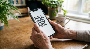 persona mayor sosteniendo móvil con letra grande en la pantalla