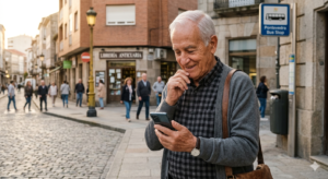 persona mayor mirando google maps en el móvil en la calle para orientarse
