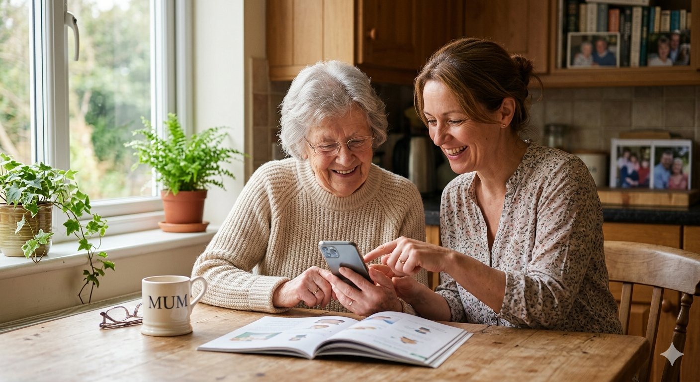 hija enseñando a su madre mayor cómo usar el móvil con paciencia y cariño