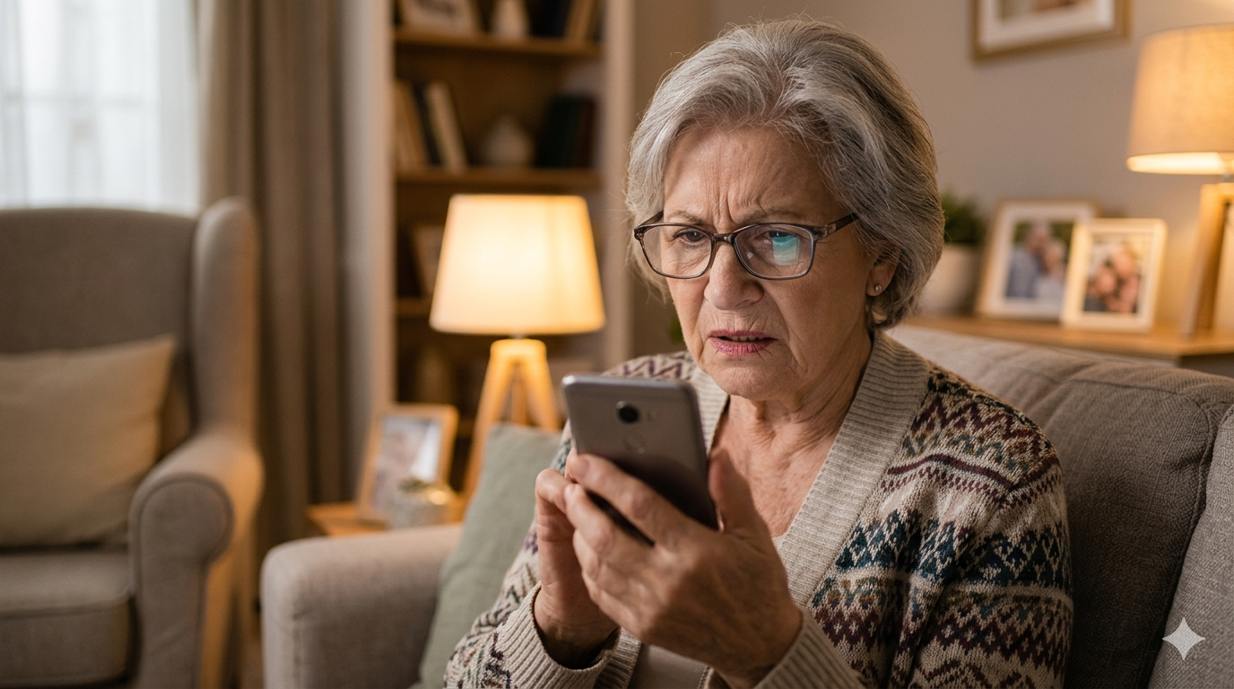 persona mayor mirando el móvil con preocupación ante posible estafa por WhatsApp
