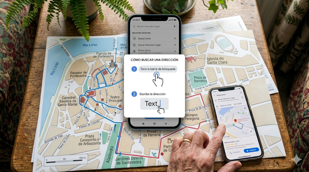 pantalla de Google Maps mostrando cómo buscar una dirección en el móvil