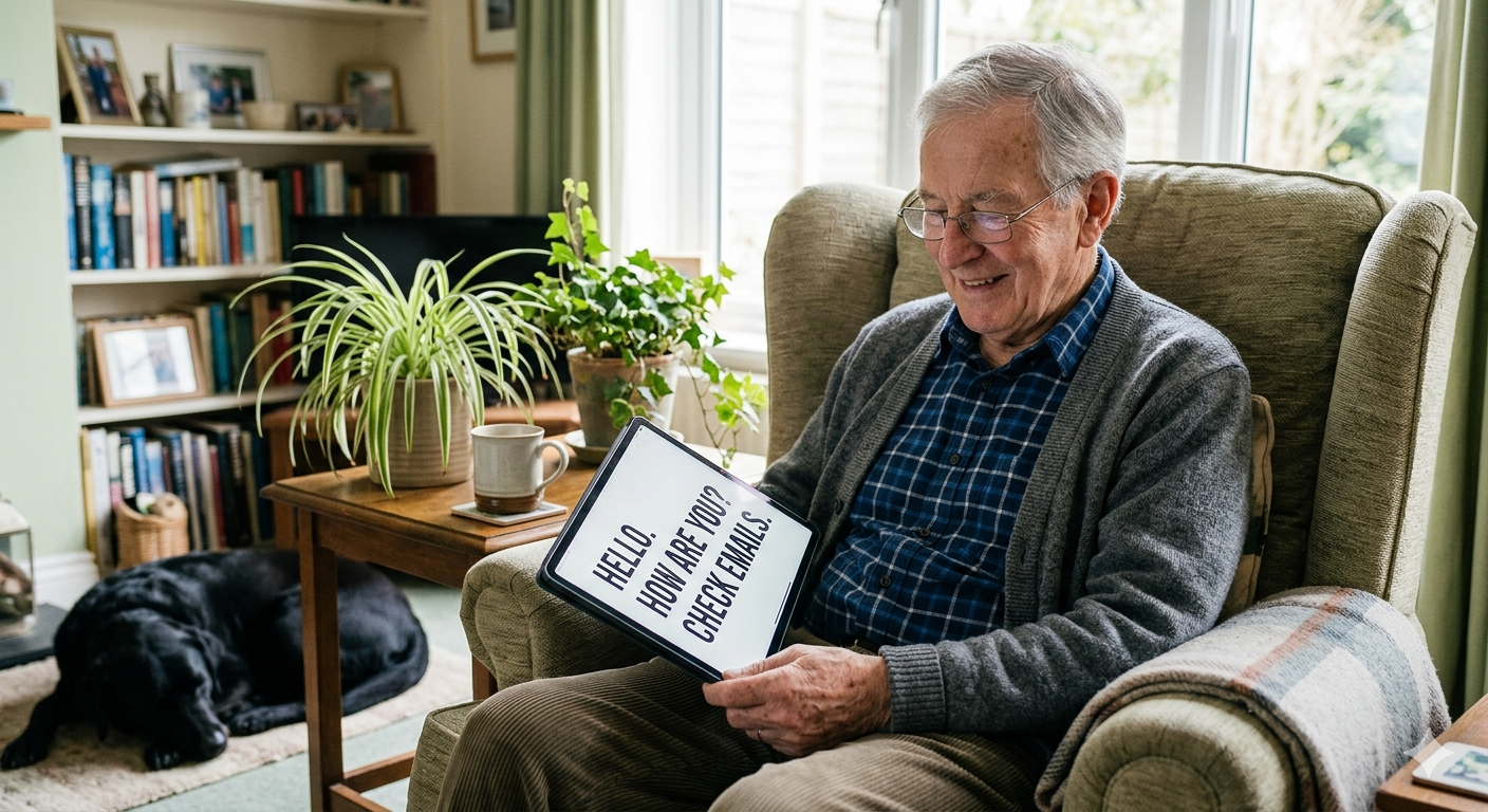 persona mayor usando tablet con letra grande en casa cómodamente