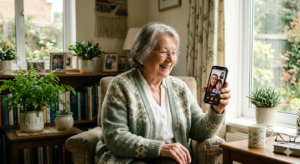 persona mayor haciendo una videollamada por WhatsApp en el móvil sonriendo